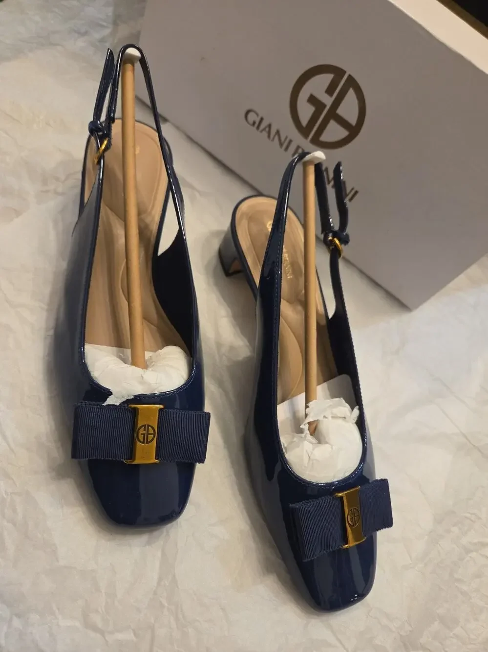 Women's Giani Bernini Battah Block Heel Slingback Pumps Navy Patent Us 6.5